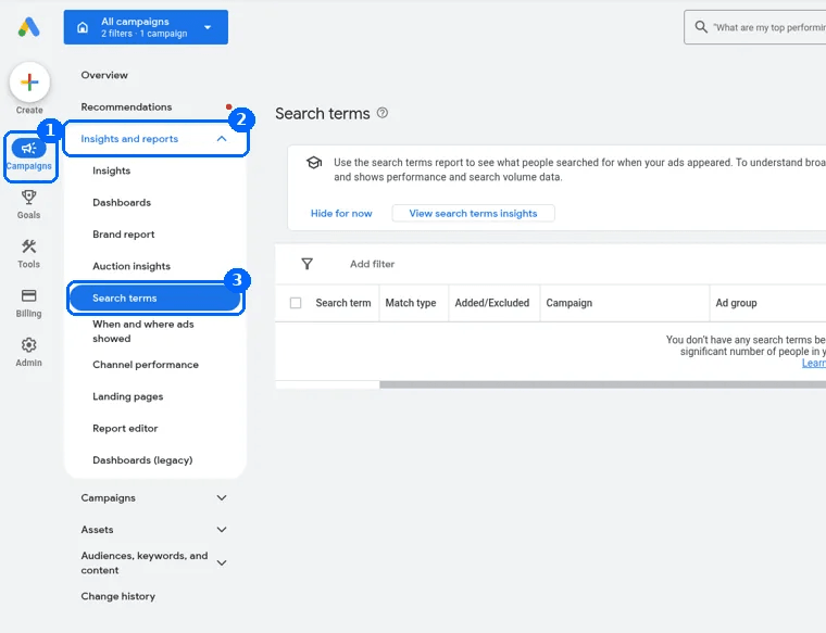 Google Ads screenshot in English from a real account, masked: the left menu with Campaigns selected, Insights and reports open and Search terms highlighted, and the Search terms report with the columns Search term, Match type, Added/Excluded, Campaign and Ad group.